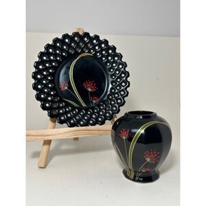 Vintage Japanese Black Ceramic Bud Vase and‎ Reticulated Lattice Plate Set Japan